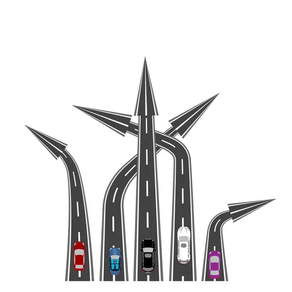 Las carreteras en diferentes direcciones. Autos. Destinos en forma de flechas. Imagen abstracta. ilustración — Vector de stock