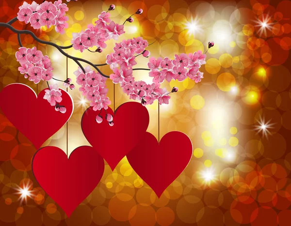축 하 배경에 레드 심장입니다. 벚꽃의 개화 분기 합니다. 발렌타인의 날을 기리는 의미에서 엽서입니다. 일러스트 레이 션 — 스톡 벡터
