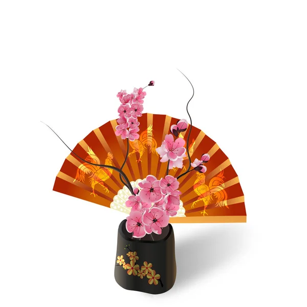 Ikebana. Sakura στο φόντο ενός ανεμιστήρα με μια εικόνα του κόκορα. Απομονωμένα σε λευκό φωτο-ρεαλιστικά. Εικονογράφηση — Διανυσματικό Αρχείο