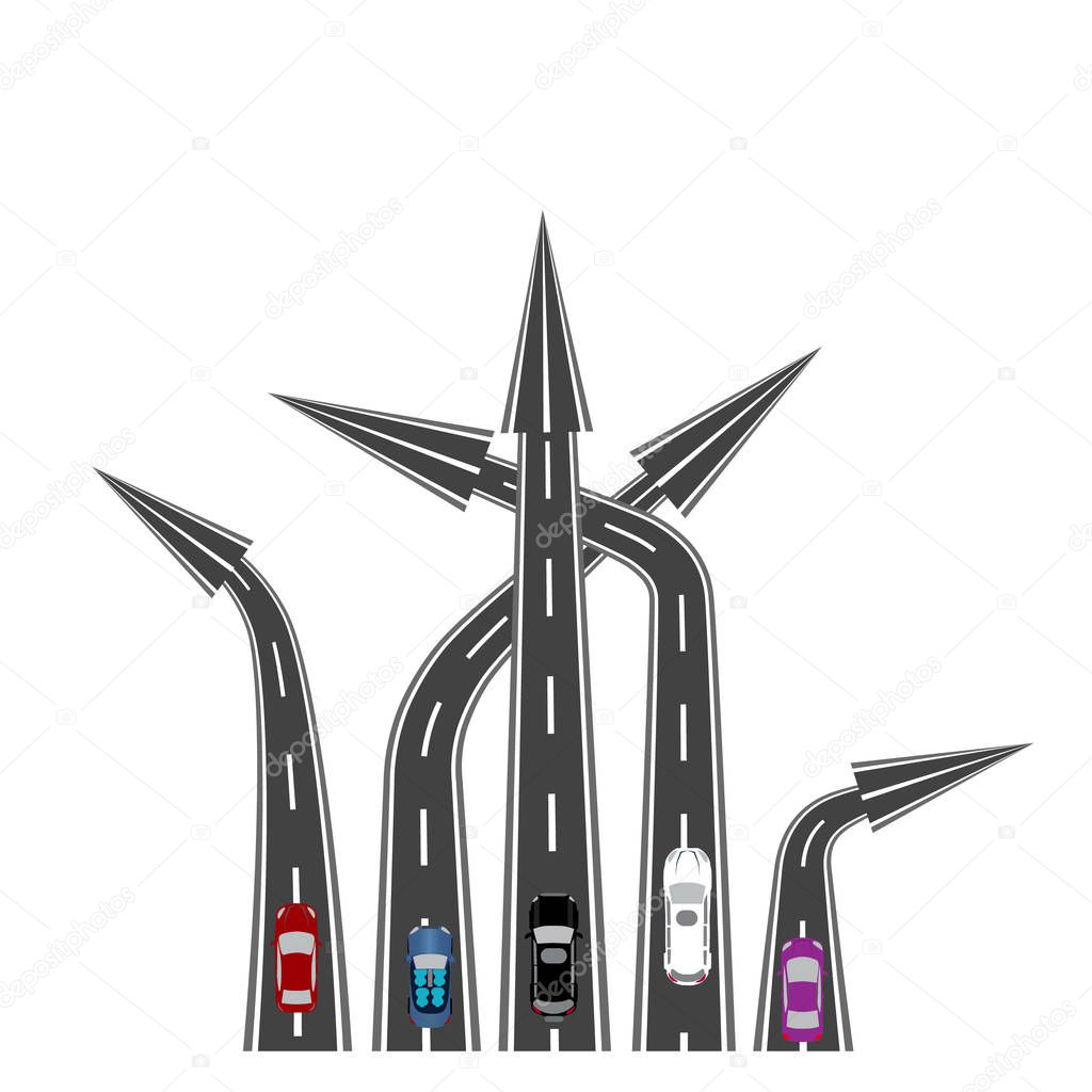 The roads in different directions. Cars. Destinations in the form of arrows. Abstract image. illustration