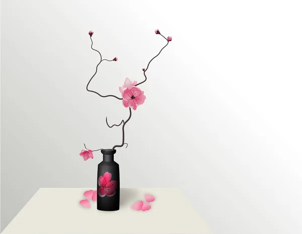 Ikebana. Composição. Figura flor Sakura. Em um fundo gradiente com uma sombra. Ilustração — Vetor de Stock