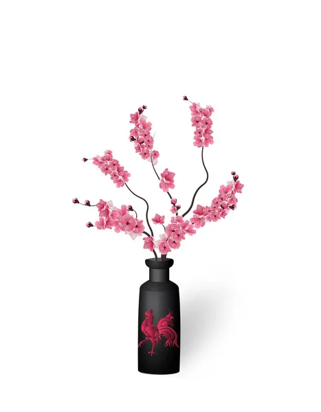 Ikebana. Composição. Figura ramos Sakura flor. Em um fundo branco com sombra. Ilustração — Vetor de Stock