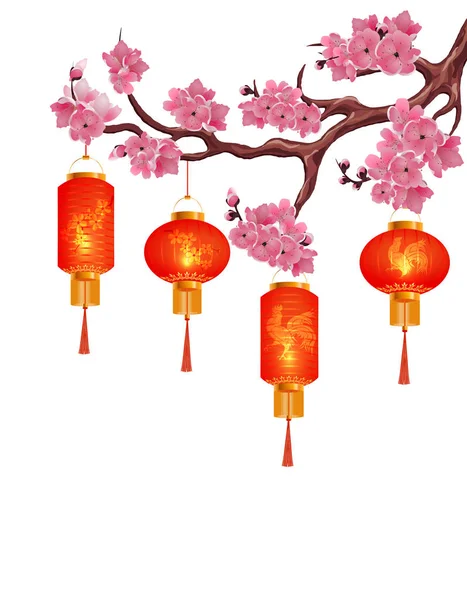 Quatro lanternas chinesas vermelhas em um ramo de cereja com flores rosa. Isolado em fundo branco. Ilustração — Vetor de Stock