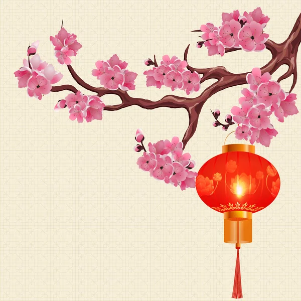 Red Chinese lanterns hanging on a branch of cherry with pink flowers. The round shape with a picture of a lotus. illustration — Stock Vector