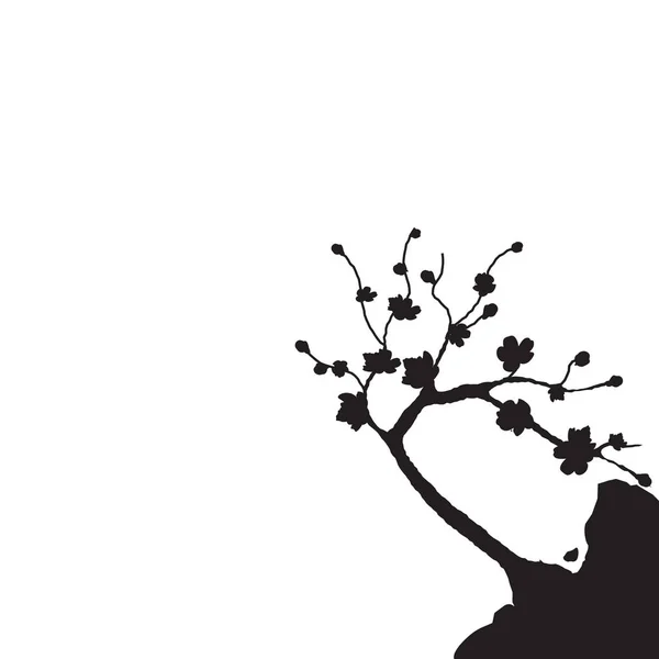 Japanese Sakura. Silhouette of cherry tree on a cliff. Isolated on white background. illustration — Stock Vector