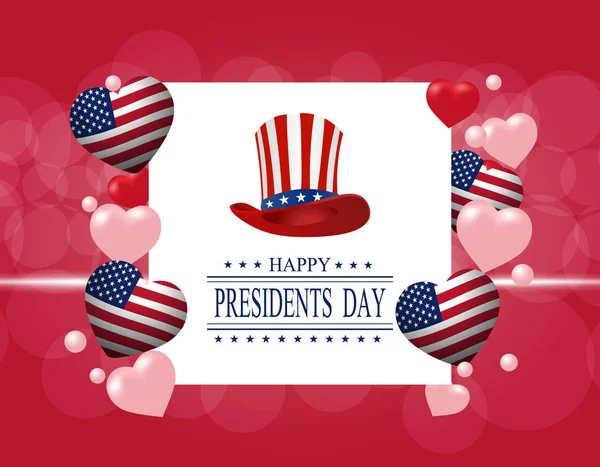 Presidents Day. Greeting card. The inscription with the wishes of happiness. Stylized hat and hearts in the colors of the flag. illustration — Stock Vector
