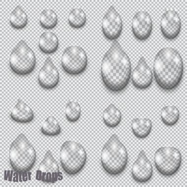 Şeffaf su bir dizi damalı bir arka plan üzerinde bırakır. Damla, farklı şekil. illüstrasyon