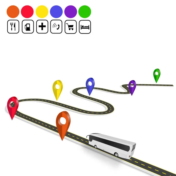 Infographics. Buss. Sign navigator. Krokig väg med markeringar. En perspektivvy. Isolerade illustration — Stock vektor