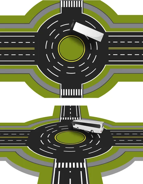 Mostrou um ônibus na encruzilhada com um movimento circular com a marcação. Uma visão de perspectiva e topo. Partida na rua secundária. Ilustração —  Vetores de Stock