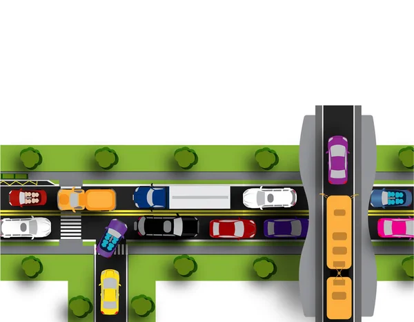 Транспортний вузол зі складним рухом. Різні автомобілі. Ізольовані на білому тлі. ілюстрація — стоковий вектор