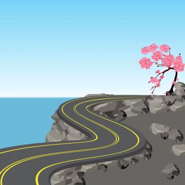 Kayalar ve taşlar arasında işaretler ile bir yol. Kiraz çiçek açması ağaç. Sakura. Perspektif içinde görüntüleyin. illüstrasyon