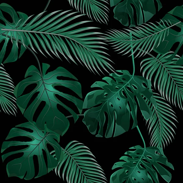 Tropical palm listy. Houštiny džungle. Květinový vzor bezešvé. Izolovaný na černém pozadí. ilustrace — Stockový vektor