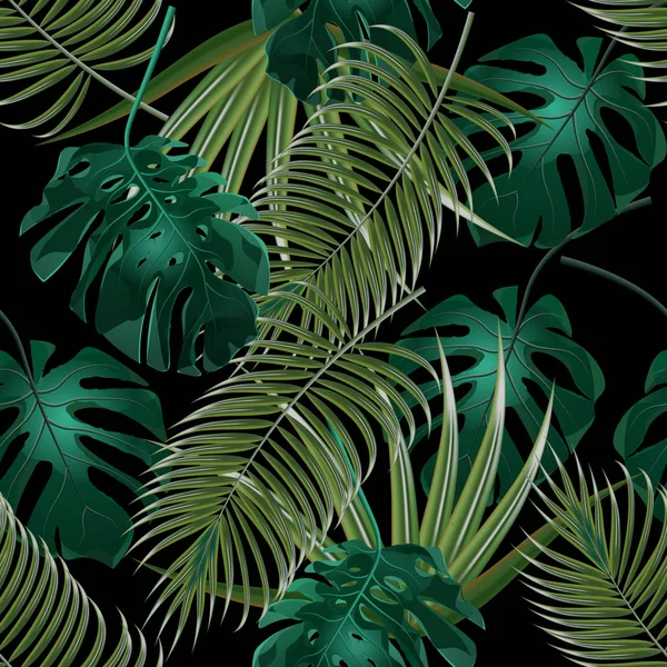 Selva de matorrales de hojas de palmeras tropicales. Patrón floral sin costuras. Aislado sobre un fondo negro. ilustración — Vector de stock