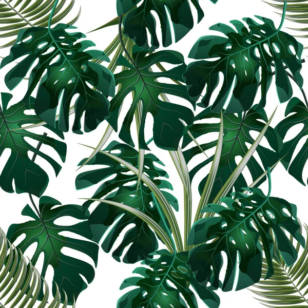 Džungle. Zelené houštiny tropické palmové listy a monstera. Květinový vzor bezešvé. Izolované na bílém pozadí. ilustrace — Stockový vektor