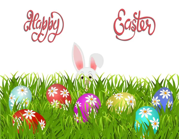 Happy easter. Easter painted eggs with a pattern of daisies and a rabbit in the grass. Isolated on white background. illustration
