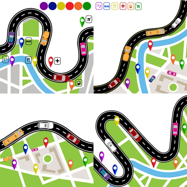 Infographics. Yol işaretleri ile sarma kümesi. Şehir haritaları. Araçların hareketi. Yolun Gezgin tarafından belirtilir. illüstrasyon — Stok Vektör