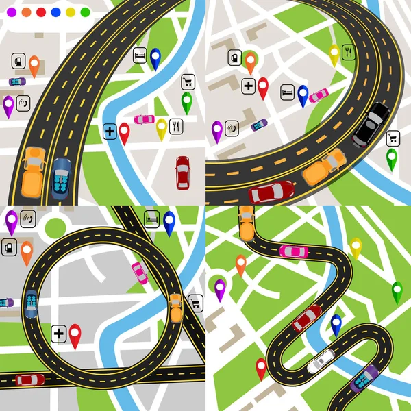 Infographics. Stilize yol planları bir dizi. Şehir haritaları. Araçların hareketi. Yolun Gezgin tarafından belirtilir. illüstrasyon — Stok Vektör
