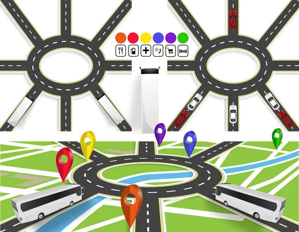 Eine Reihe von Straßen mit einer kreisförmigen Bewegung. Markierungen auf der Stadtkarte und ohne. Bewegung der Fahrzeuge. Der Pfad wird vom Navigator angezeigt. Illustration — Stockvektor