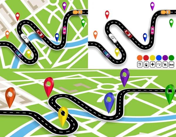 Conjunto de caminos sinuosos con señales. En el mapa de la ciudad y sin ella. Movimiento de vehículos. La ruta es indicada por el navegante. ilustración — Vector de stock