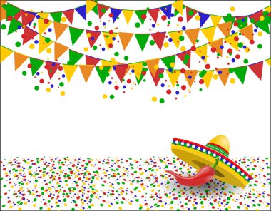 Cinco de Mayo. Kırmızı biber sombrero gölgesinde. Konfeti. illüstrasyon