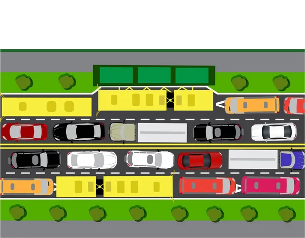 Strada, strada o autostrada con traffico complesso. La marmellata di transito. Macchine diverse. Isolato su sfondo bianco. illustrazione — Vettoriale Stock