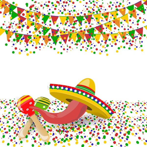 Cinco de Maio. Pimenta vermelha, maracas, sombreros. Confetti e bandeiras festivas. Ilustração — Vetor de Stock