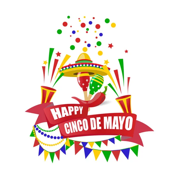 Cinco de Mayo. Boldog holiday. Írni, hogy szeretné, ha boldogság a szalagon. Sombrero, sós keksz, cukorka, zászlók, maracas, és piros paprika. illusztráció — Stock Vector