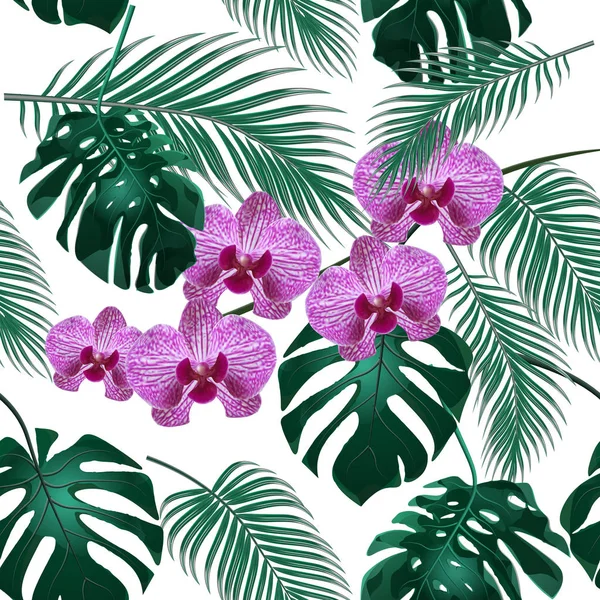 Jungla. Hoja tropical verde, flores de orquídea y hojas de palma. Patrón floral sin costuras. Aislado sobre fondo blanco. ilustración — Vector de stock