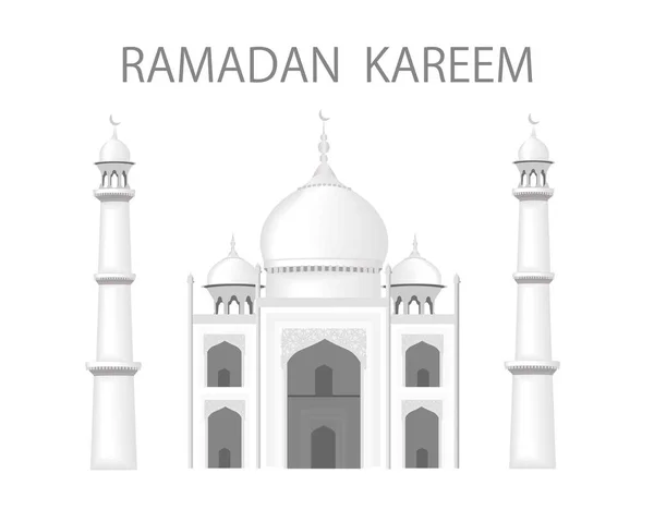 Het gebouw is in de stijl van de Taj Mahal tempel. De inscriptie gefeliciteerd met Ramadan. Zwart-wit afbeeldingen met halftonen. illustratie — Stockvector