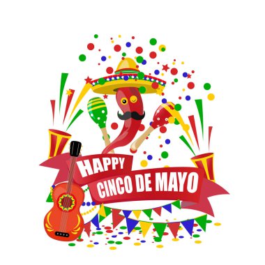 Cinco de Mayo. Banttaki mutluluk için bir istek ile bir yazıt. Fötr şapka, gitar, konfeti, bayraklar, marakas ve kırmızı biber, kraker. illüstrasyon