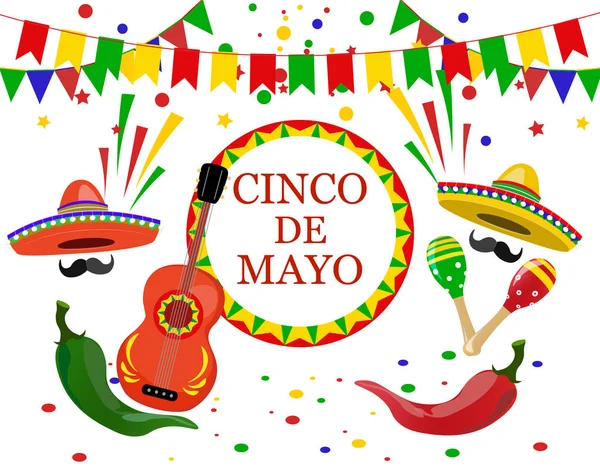 Cinco de Mayo felirat a közepén. Sombrero, gitár, konfetti, zászlók, maracas zöld és piros paprika. illusztráció — Stock Vector