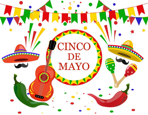 Cinco de Mayo inscription in the center. Sombrero, guitar, confetti, flags, maracas green and red peppers. illustration