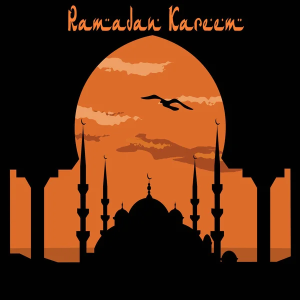 Ramadán Kareem. Vista desde el arco de la mezquita azul. Bird, las nubes. ilustración — Archivo Imágenes Vectoriales