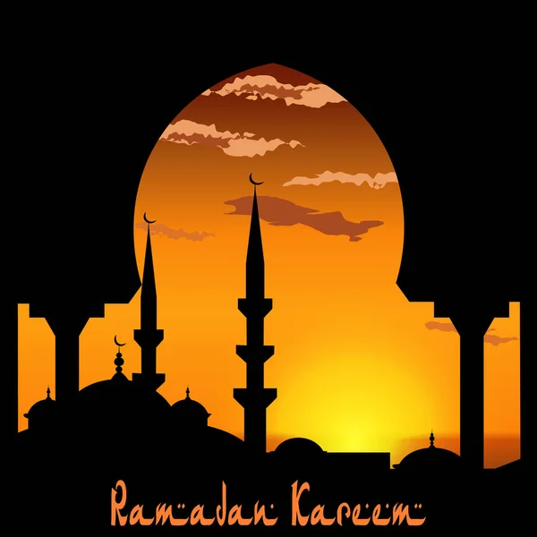 Ramadan Kareem. Vista dall'arco sulla moschea blu. Tramonto o alba. Uccello, le nuvole. illustrazione — Vettoriale Stock