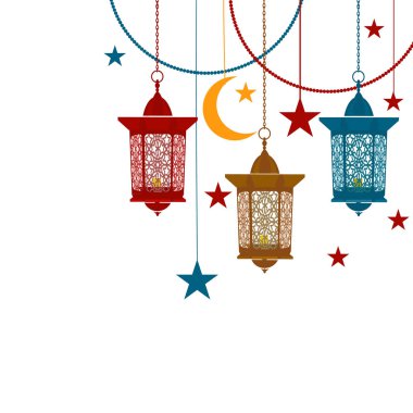Ramazan Kareem. Renkli fenerler oryantal tarzı ile zincir. Kartpostal şenlikli tasarımı. Beyaz arka plan üzerinde izole. illüstrasyon