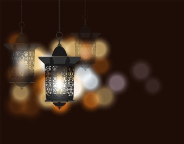 Ramazan Kareem. Kutlama arka plan. Oryantal tarzı el feneri. Renkli ışıklar arka planı. illüstrasyon