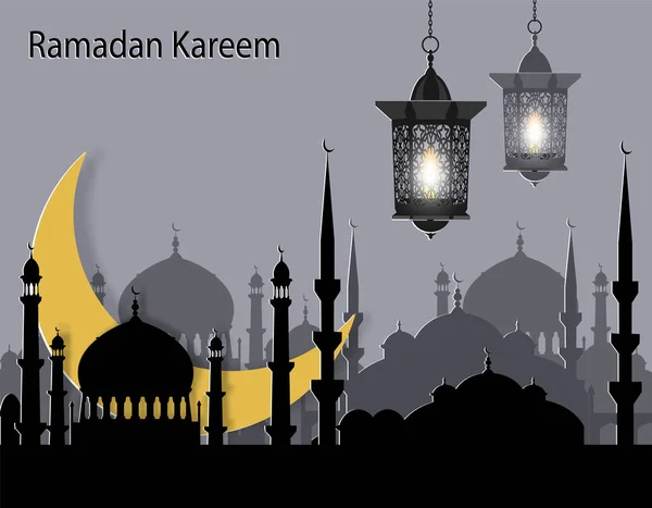 Ramadan Kareem. Biglietto d'auguri. Disegno stilizzato del mese e la silhouette della città orientale. Torce elettriche. Tagliato dalla carta. illustrazione — Vettoriale Stock