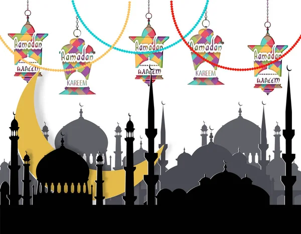 Ramadan kareem. Grußkarte. stilisierte Monatszeichnung, die Silhouette der östlichen Stadt und Laternen an den Ketten. aus Papier ausgeschnitten. Illustration — Stockvektor