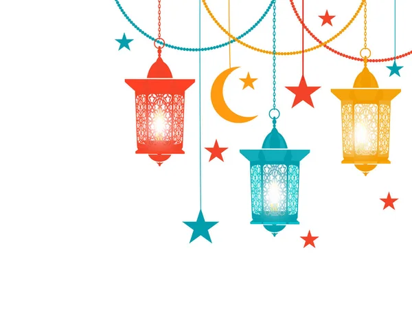 Ramazan Kareem. Oryantal tarzı renkli fener asmak zincirleri, yıldız, hilal. Beyaz arka plan üzerinde izole. illüstrasyon — Stok Vektör