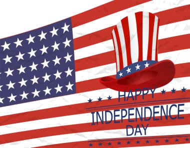 Bağımsızlık günü. Amerikan simgeleri stilize bir bayrak arka plan üzerinde. Bir şapka çizim. illüstrasyon