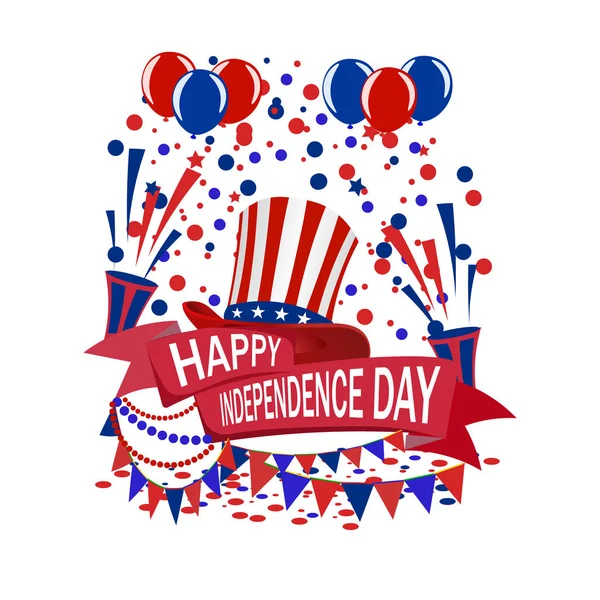 Americas Independence Day. A ribbon with the inscription of a happy day of independence. Claps, hat, balloons. illustrations — Stock Vector