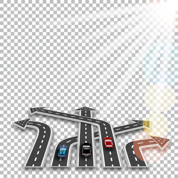 A estrada com uma marcação branca, tridimensional em perspectiva na forma de setas com uma sombra sobre o fundo do verificador. Carros. Raios solares. Abstrato. Ilustração — Vetor de Stock