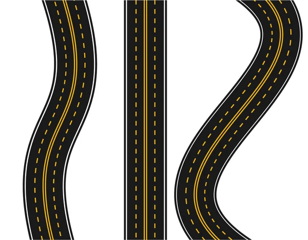 Set di strade con varie marcature bianche e gialle su sfondo bianco. Dritto e con le curve. illustrazione . — Vettoriale Stock
