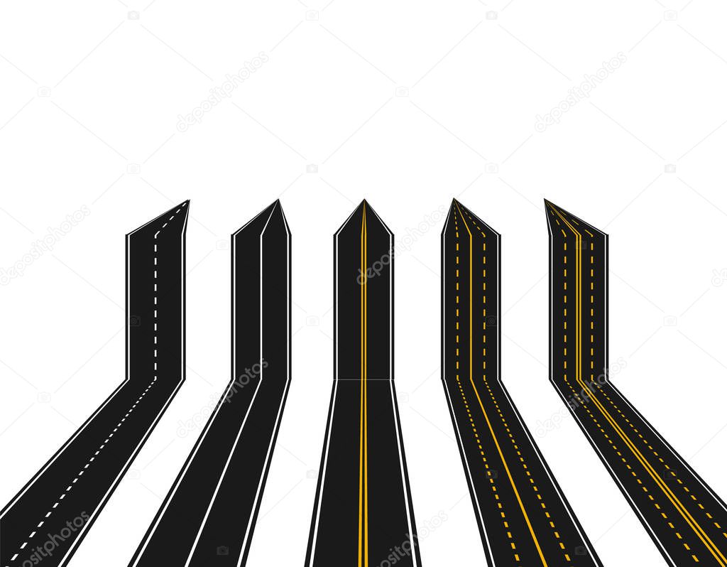 Set of roads with white and yellow marking in perspective in the form of arrows on a white background. Abstract. illustration
