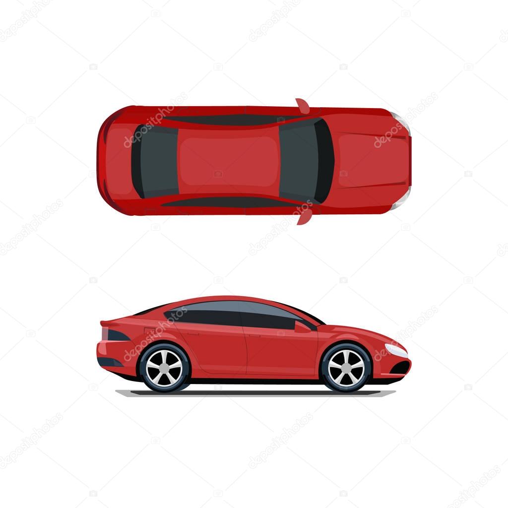Red car. View from above and from the side. Volumetric drawing without a mesh and a gradient. Isolated on white background. illustration.
