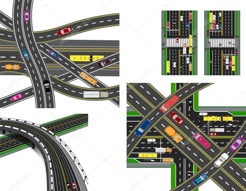 Set of abstract road junction. Crossing of various roads. Transport. illustration