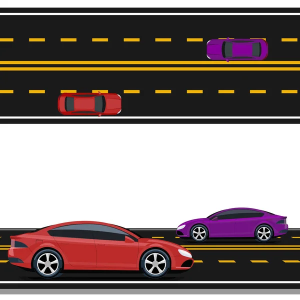 Carros roxos e vermelhos estão dirigindo ao longo da estrada. Vista lateral e vista superior. Desenho volumétrico sem malha e gradiente. Isolado. Ilustração . — Vetor de Stock