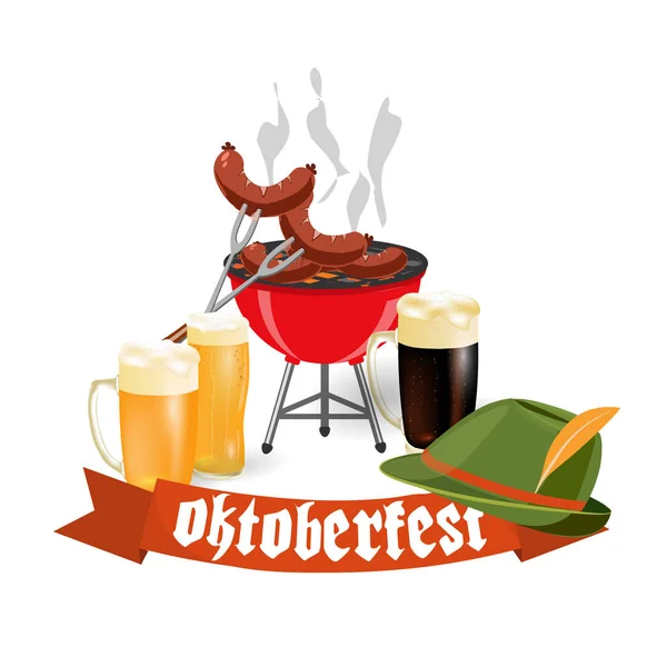 Oktoberfest-Banner in bayerischer Farbe. Helles und dunkles Bier, Würstchen, Kohlenbecken, Hut. Bayern-Fest mit roter Schleife beim Oktoberfest. Illustration — Stockvektor