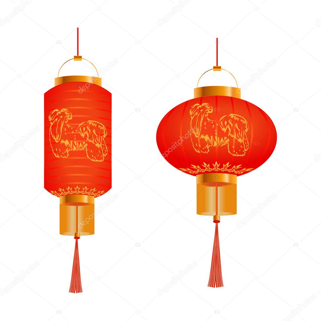 Set of orange Chinese lanterns with a painted dog. Round and cylindrical shapes. Isolated on white background. illustrati