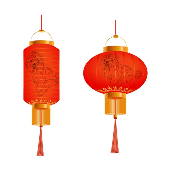 Ensemble de lanternes chinoises orange avec une photo d'un chien. Formes rondes et cylindriques. Isolé sur fond blanc. illustration — Image vectorielle